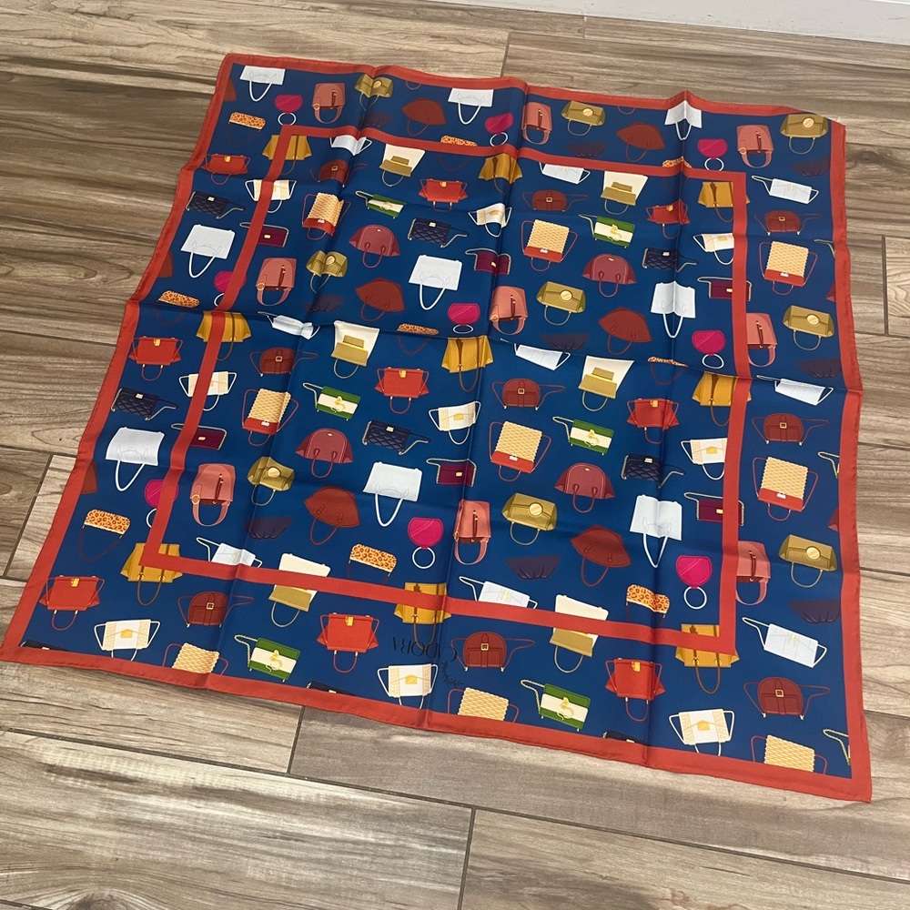 Blue Multicolor Handbag Print Silk Scarf
